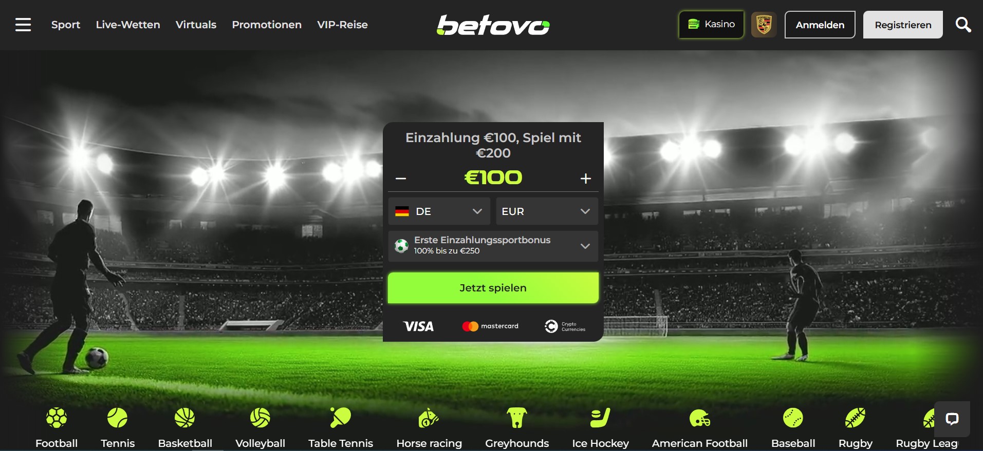 Die Abbildung präsentiert vier unterschiedliche Werbeangebote für Sportwetten auf der Webseite von Betovo. Als einer der neuen Wettanbieter auf dem Markt bietet Betovo attraktive Promotions, darunter einen ersten Einzahlungsbonus von 100% bis zu 250€, einen zweiten Einzahlungsbonus von 75% bis zu 500€, einen dritten Einzahlungsbonus von 75% bis zu 250€ und eine kostenlose Wette bis zu 200€ bei späten Toren. Jedes Angebot ist optisch unterschiedlich gestaltet und enthält einen Button zum Einlösen des Bonus sowie einen Link für weitere Details.
