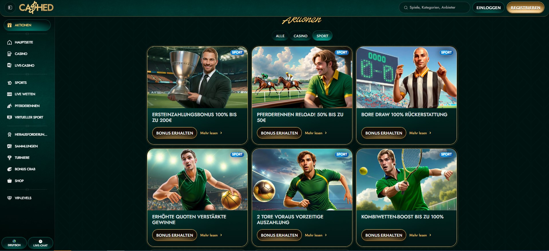 Die Webseite präsentiert verschiedene Sportwetten-Aktionen, wie sie auch bei neue Wettanbieter zunehmend beliebt sind. Links befindet sich ein Menü mit Auswahlmöglichkeiten wie Hauptseite, Casino, Live-Casino, Sports, Live-Wetten, Pferderennen, Virtueller Sport, Herausforderungen, Sammlungen, Turniere, Bonus Crab, Shop und VIP-Levels. Sechs zentrale Bonusangebote stehen zur Verfügung, darunter ein 100% Ersteinzahlungsbonus bis zu 200€, ein 50% Pferderennen-Reload-Bonus bis zu 50€, eine 100% Rückerstattung für Bore Draw, erhöhte Quoten für verstärkte Gewinne, eine vorzeitige Auszahlung bei zwei Toren Vorsprung und ein Kombiwetten-Boost bis zu 100%. Jede Aktion enthält eine kurze Beschreibung, eine Schaltfläche „Bonus erhalten“ und einen Link „Mehr lesen“.